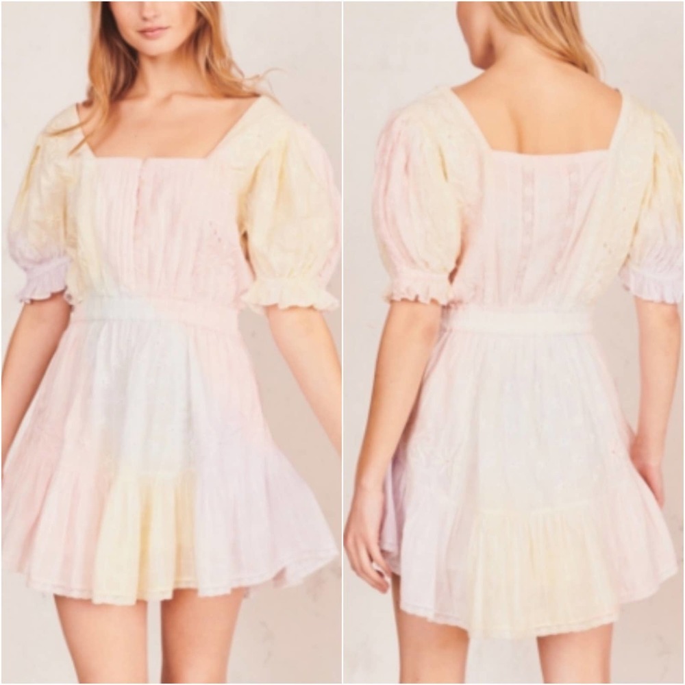 LoveshackFancy Tomasina Tie Dye Pastel Floral Embroidered Mini Prairie Dress S
